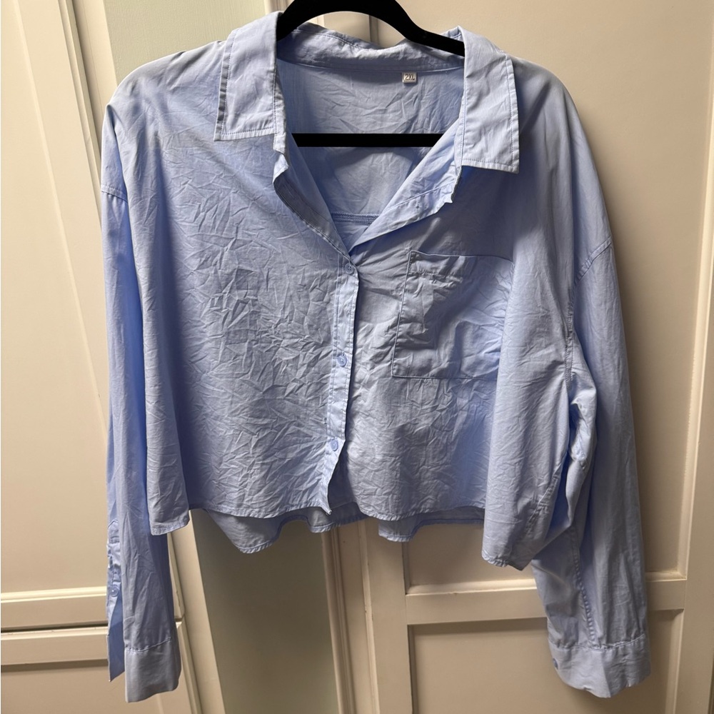 Light Blue Cropped Button-Up Shirt